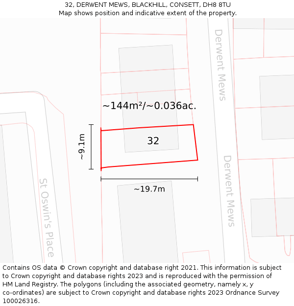 32, DERWENT MEWS, BLACKHILL, CONSETT, DH8 8TU: Plot and title map