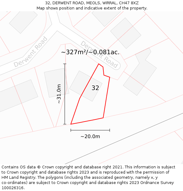 32, DERWENT ROAD, MEOLS, WIRRAL, CH47 8XZ: Plot and title map