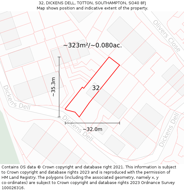 32, DICKENS DELL, TOTTON, SOUTHAMPTON, SO40 8FJ: Plot and title map