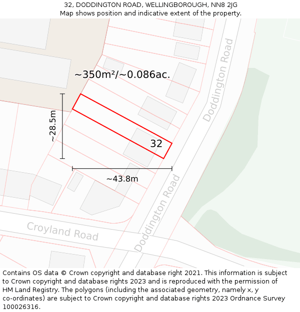 32, DODDINGTON ROAD, WELLINGBOROUGH, NN8 2JG: Plot and title map