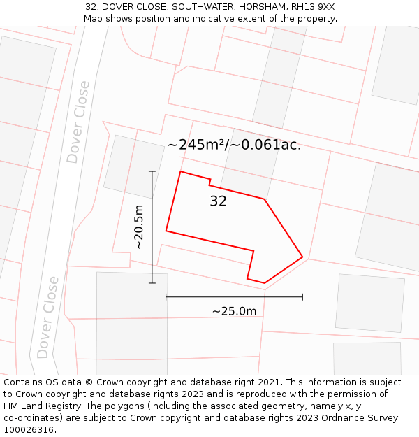 32, DOVER CLOSE, SOUTHWATER, HORSHAM, RH13 9XX: Plot and title map