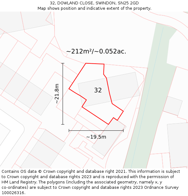 32, DOWLAND CLOSE, SWINDON, SN25 2GD: Plot and title map