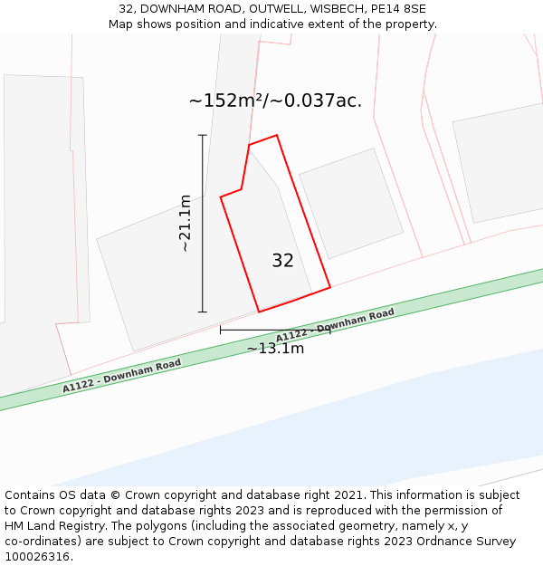 32, DOWNHAM ROAD, OUTWELL, WISBECH, PE14 8SE: Plot and title map