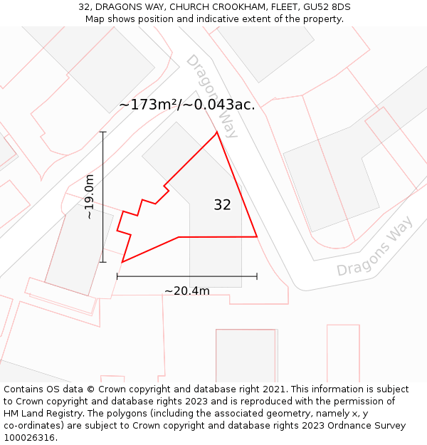 32, DRAGONS WAY, CHURCH CROOKHAM, FLEET, GU52 8DS: Plot and title map