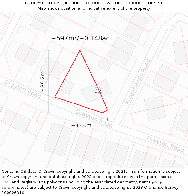 32, DRAYTON ROAD, IRTHLINGBOROUGH, WELLINGBOROUGH, NN9 5TB: Plot and title map