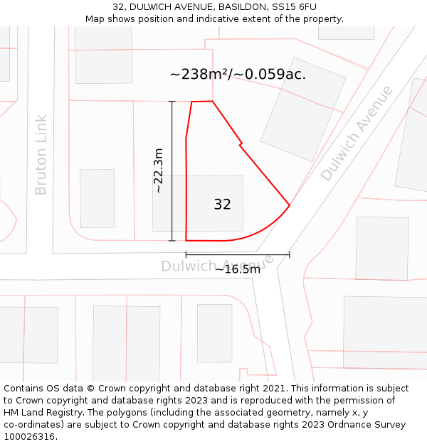 32, DULWICH AVENUE, BASILDON, SS15 6FU: Plot and title map