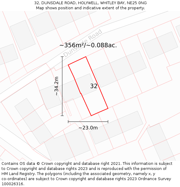 32, DUNSDALE ROAD, HOLYWELL, WHITLEY BAY, NE25 0NG: Plot and title map