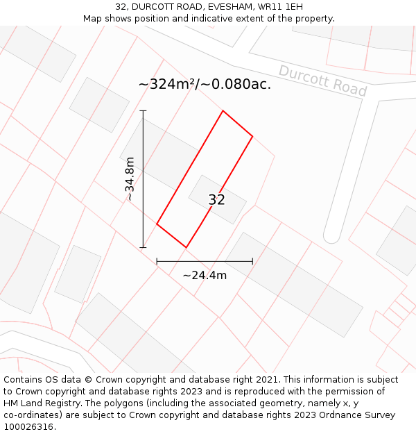 32, DURCOTT ROAD, EVESHAM, WR11 1EH: Plot and title map