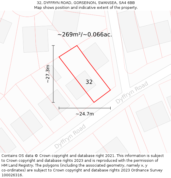 32, DYFFRYN ROAD, GORSEINON, SWANSEA, SA4 6BB: Plot and title map