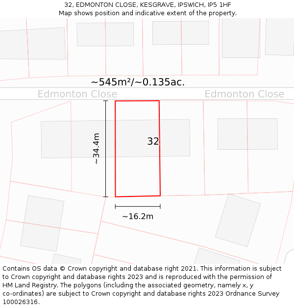 32, EDMONTON CLOSE, KESGRAVE, IPSWICH, IP5 1HF: Plot and title map