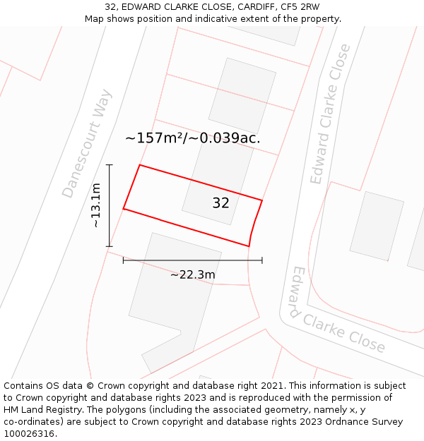 32, EDWARD CLARKE CLOSE, CARDIFF, CF5 2RW: Plot and title map