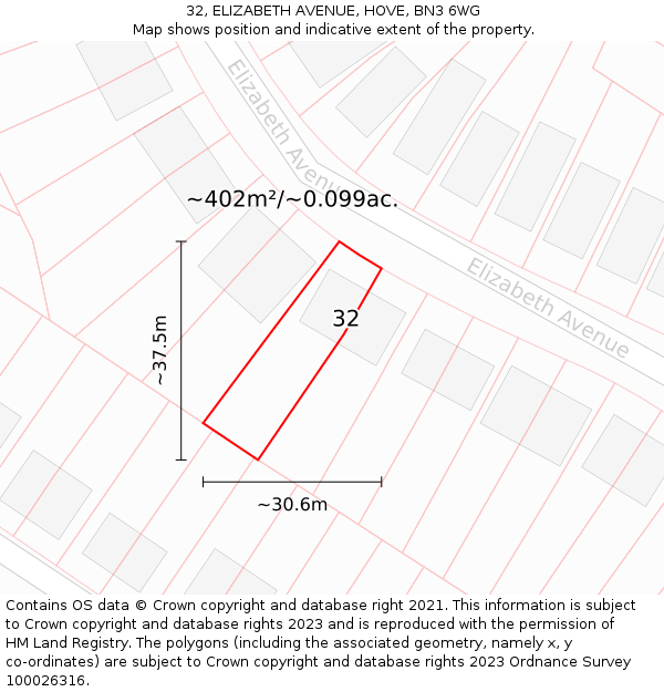 32, ELIZABETH AVENUE, HOVE, BN3 6WG: Plot and title map