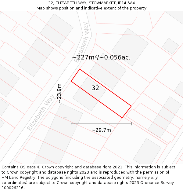 32, ELIZABETH WAY, STOWMARKET, IP14 5AX: Plot and title map