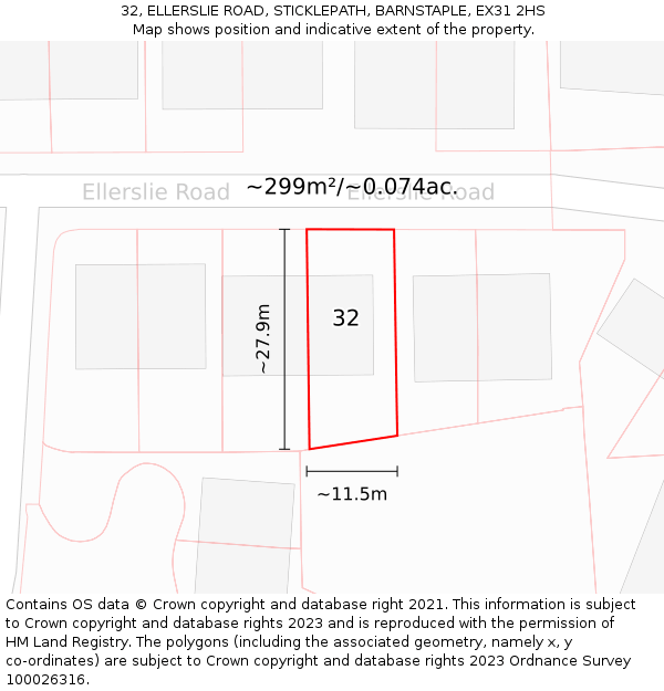 32, ELLERSLIE ROAD, STICKLEPATH, BARNSTAPLE, EX31 2HS: Plot and title map