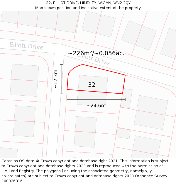 32, ELLIOT DRIVE, HINDLEY, WIGAN, WN2 2QY: Plot and title map