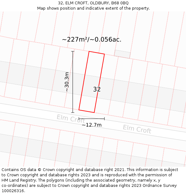 32, ELM CROFT, OLDBURY, B68 0BQ: Plot and title map