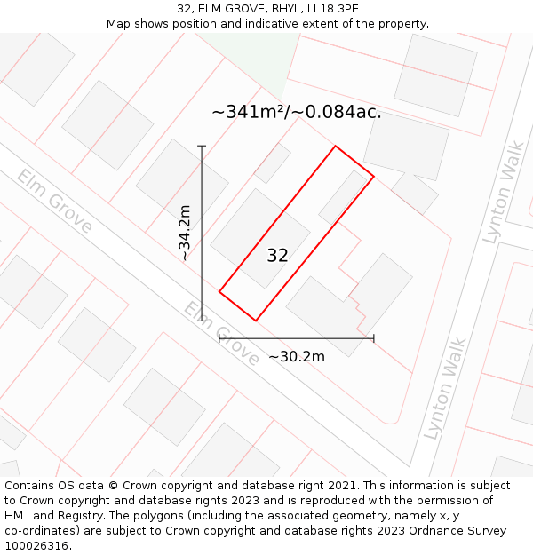 32, ELM GROVE, RHYL, LL18 3PE: Plot and title map