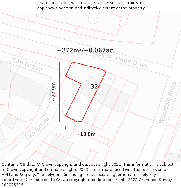 32, ELM GROVE, WOOTTON, NORTHAMPTON, NN4 6FB: Plot and title map