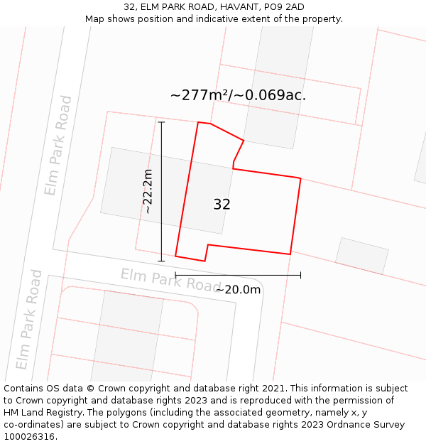 32, ELM PARK ROAD, HAVANT, PO9 2AD: Plot and title map