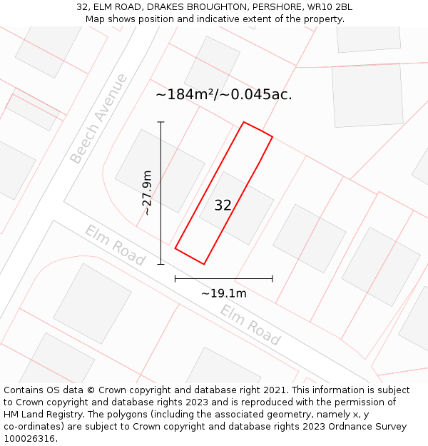 32, ELM ROAD, DRAKES BROUGHTON, PERSHORE, WR10 2BL: Plot and title map