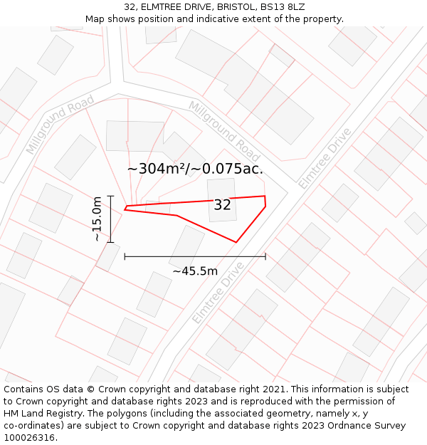 32, ELMTREE DRIVE, BRISTOL, BS13 8LZ: Plot and title map