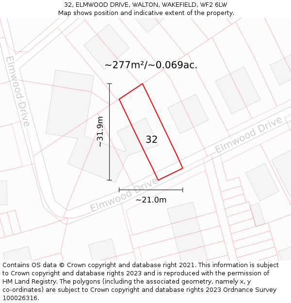 32, ELMWOOD DRIVE, WALTON, WAKEFIELD, WF2 6LW: Plot and title map