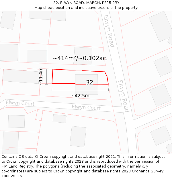 32, ELWYN ROAD, MARCH, PE15 9BY: Plot and title map