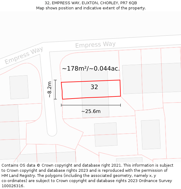 32, EMPRESS WAY, EUXTON, CHORLEY, PR7 6QB: Plot and title map