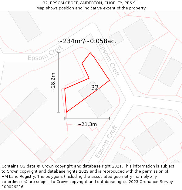 32, EPSOM CROFT, ANDERTON, CHORLEY, PR6 9LL: Plot and title map