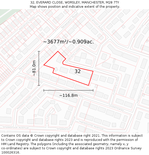 32, EVERARD CLOSE, WORSLEY, MANCHESTER, M28 7TY: Plot and title map