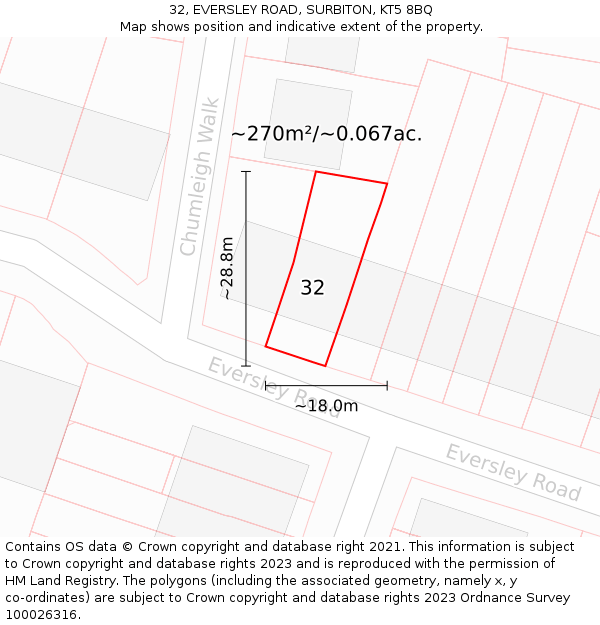 32, EVERSLEY ROAD, SURBITON, KT5 8BQ: Plot and title map