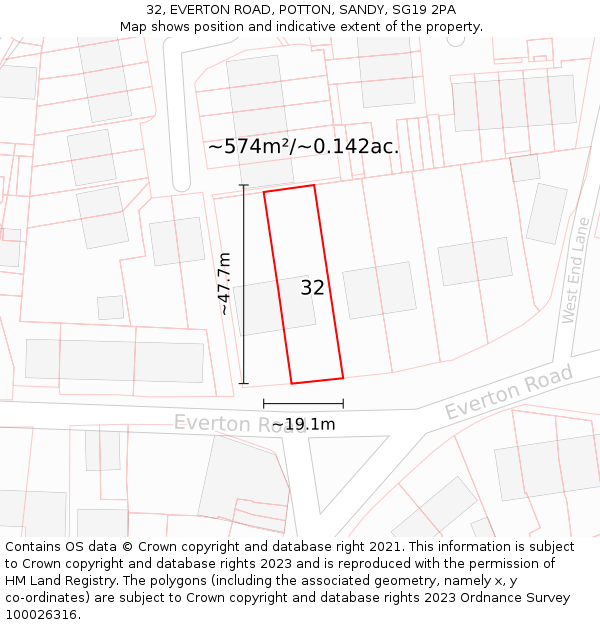 32, EVERTON ROAD, POTTON, SANDY, SG19 2PA: Plot and title map