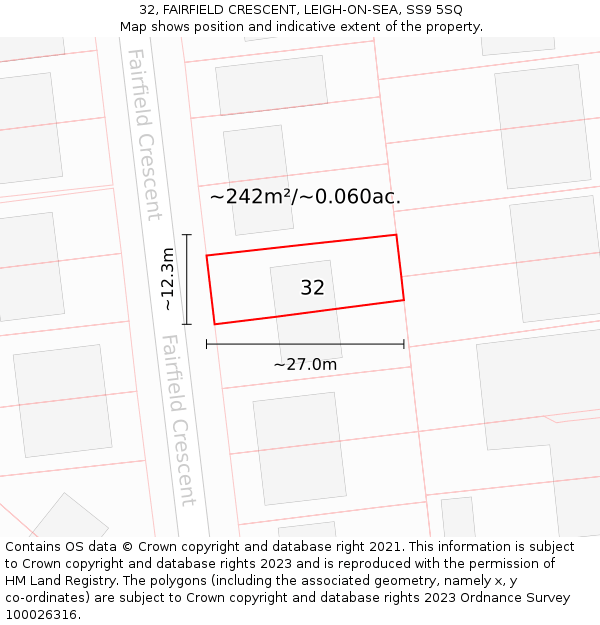 32, FAIRFIELD CRESCENT, LEIGH-ON-SEA, SS9 5SQ: Plot and title map