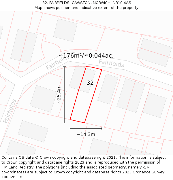 32, FAIRFIELDS, CAWSTON, NORWICH, NR10 4AS: Plot and title map