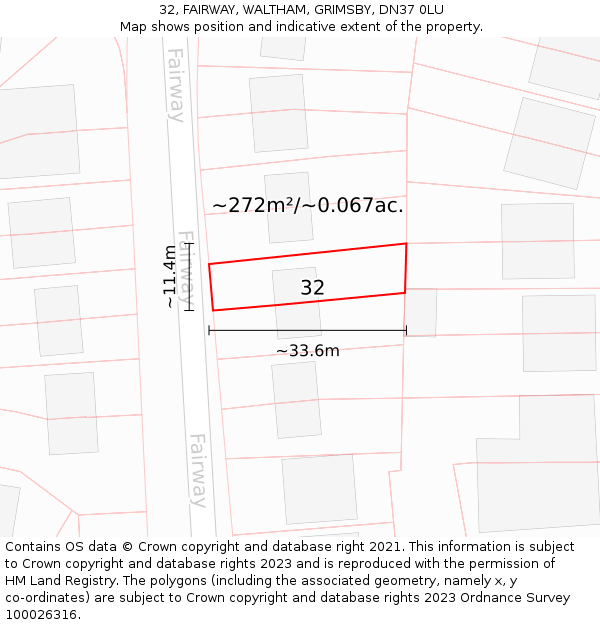 32, FAIRWAY, WALTHAM, GRIMSBY, DN37 0LU: Plot and title map