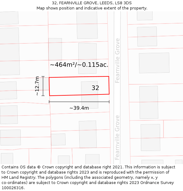 32, FEARNVILLE GROVE, LEEDS, LS8 3DS: Plot and title map