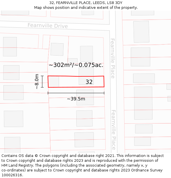 32, FEARNVILLE PLACE, LEEDS, LS8 3DY: Plot and title map