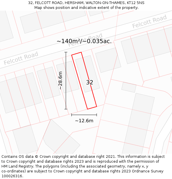 32, FELCOTT ROAD, HERSHAM, WALTON-ON-THAMES, KT12 5NS: Plot and title map