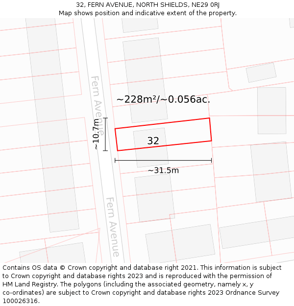 32, FERN AVENUE, NORTH SHIELDS, NE29 0RJ: Plot and title map