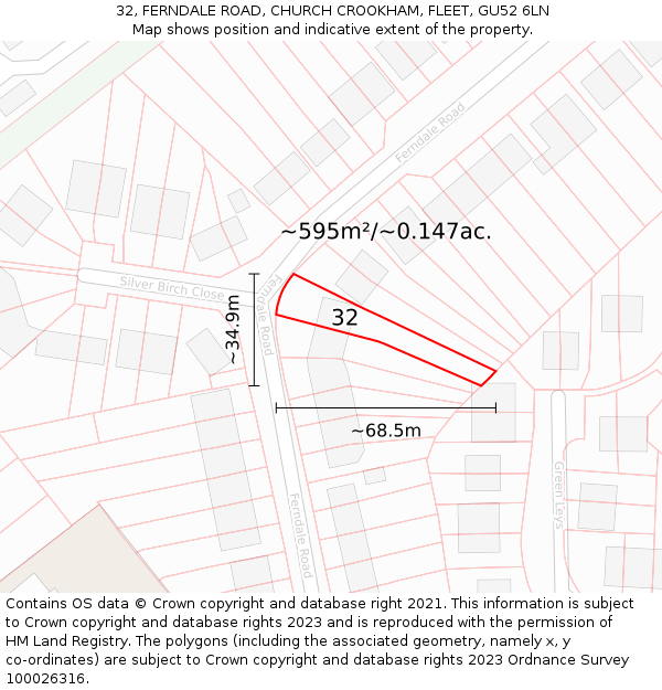 32, FERNDALE ROAD, CHURCH CROOKHAM, FLEET, GU52 6LN: Plot and title map