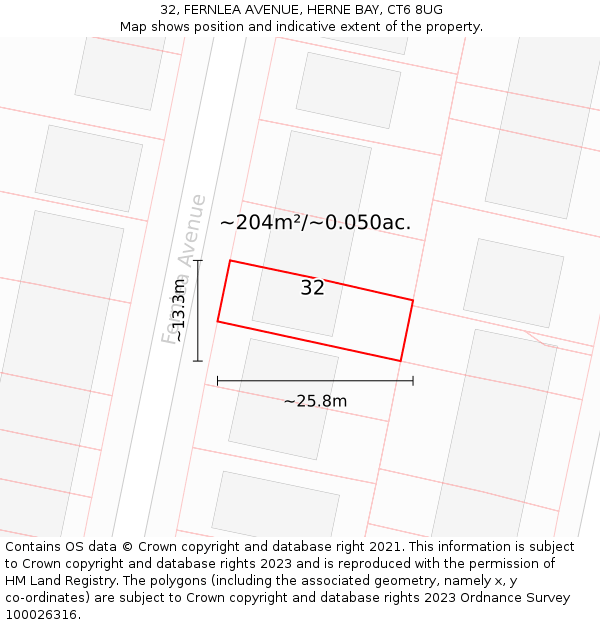 32, FERNLEA AVENUE, HERNE BAY, CT6 8UG: Plot and title map