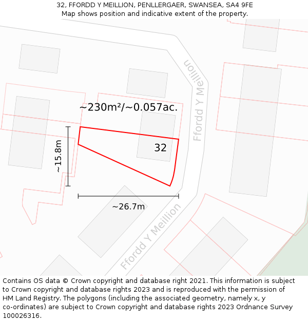 32, FFORDD Y MEILLION, PENLLERGAER, SWANSEA, SA4 9FE: Plot and title map