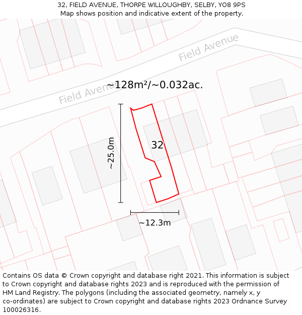 32, FIELD AVENUE, THORPE WILLOUGHBY, SELBY, YO8 9PS: Plot and title map