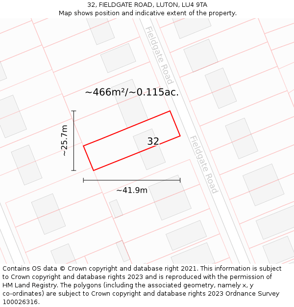 32, FIELDGATE ROAD, LUTON, LU4 9TA: Plot and title map