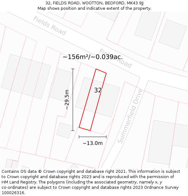 32, FIELDS ROAD, WOOTTON, BEDFORD, MK43 9JJ: Plot and title map