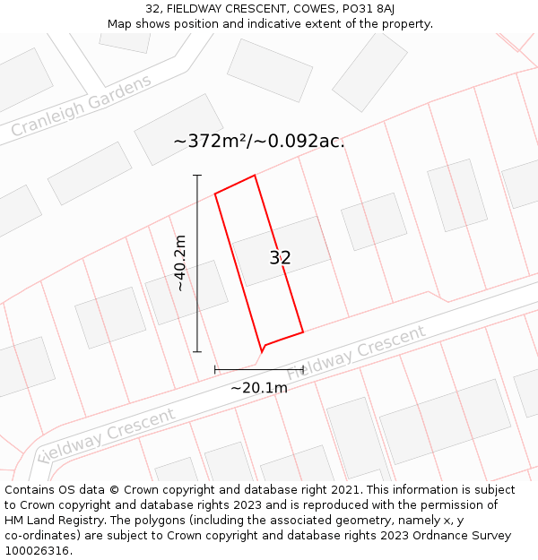 32, FIELDWAY CRESCENT, COWES, PO31 8AJ: Plot and title map