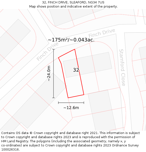 32, FINCH DRIVE, SLEAFORD, NG34 7US: Plot and title map