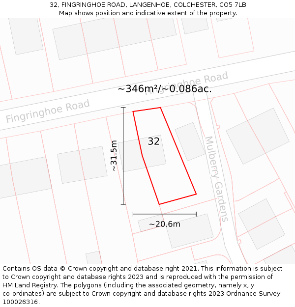 32, FINGRINGHOE ROAD, LANGENHOE, COLCHESTER, CO5 7LB: Plot and title map