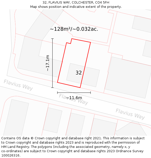 32, FLAVIUS WAY, COLCHESTER, CO4 5FH: Plot and title map