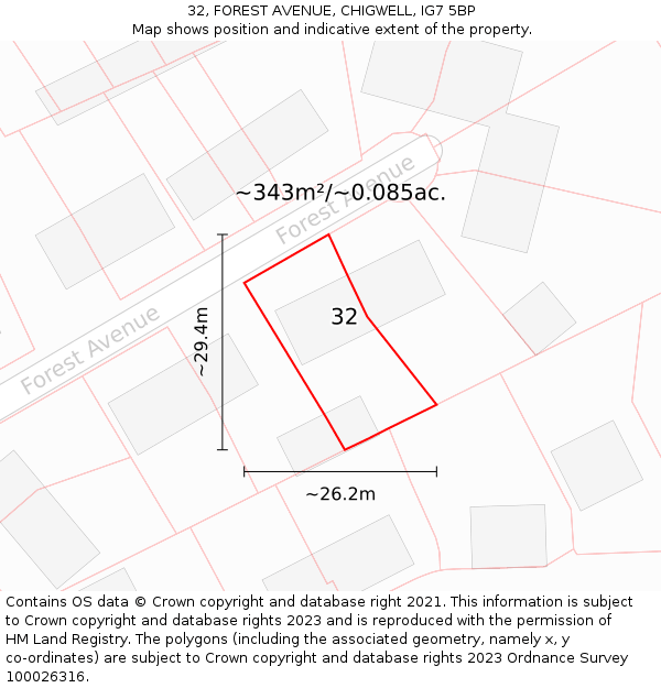 32, FOREST AVENUE, CHIGWELL, IG7 5BP: Plot and title map